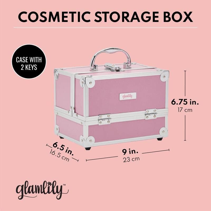 Pink Makeup Train Case with Lock and 2 Keys, 3Tier Cosmetic Storage